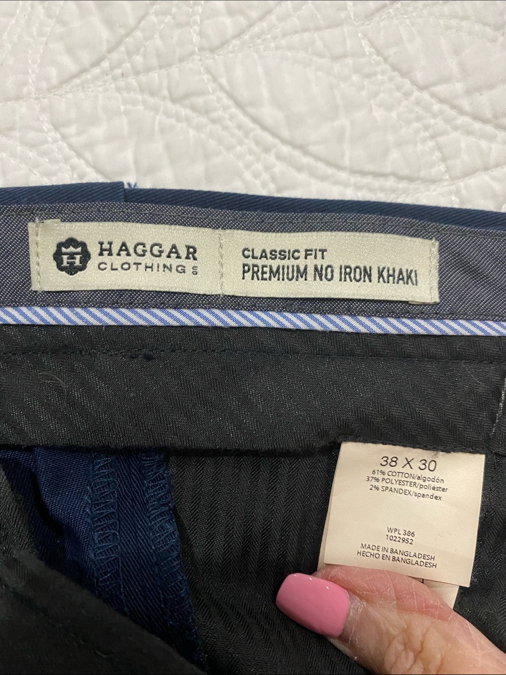 Haggar Classic Fit Khaki Pants with Navy Trim and Black Waistband